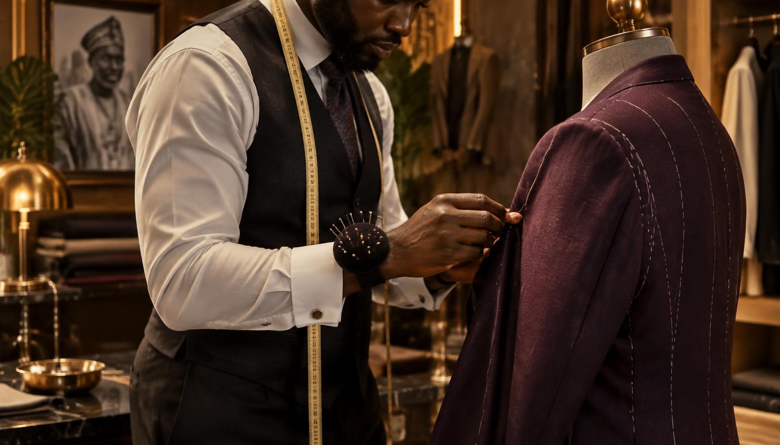 Deola Adero pinning a plum jacket in the Maitama studio